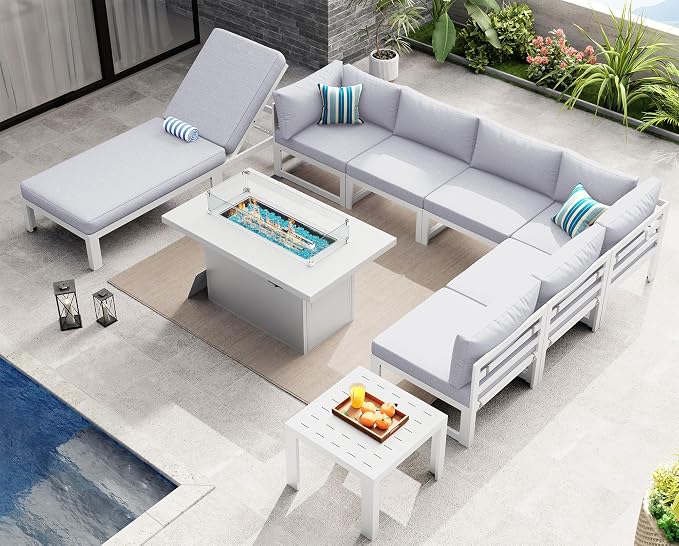NICESOUL 9 Pcs Oversized Modern Aluminum Patio Furniture Set, 500lbs Heavy Duty Outdoor Sectional Sofa with Lounge & Fire Pit Table, 29" Deep Wide Seating Conversation Couch for Poolside, Light Gray