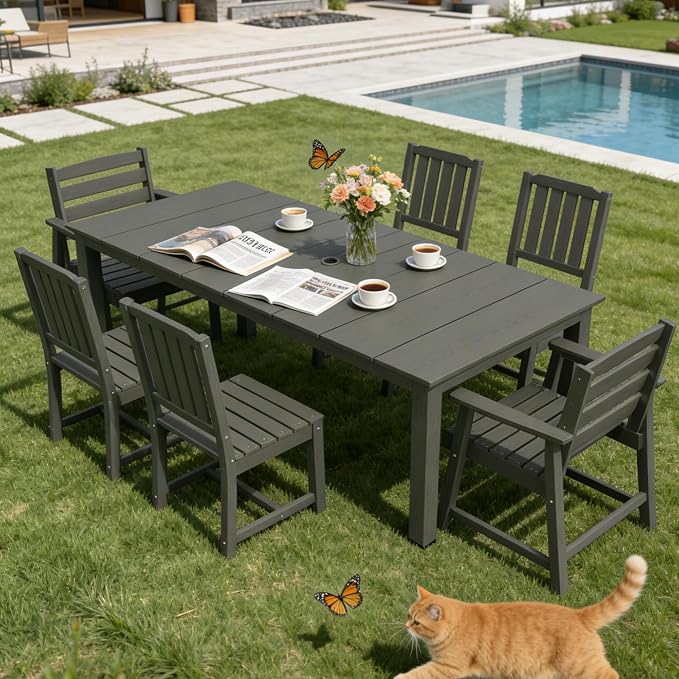 PLUUV 7-Piece Outdoor Patio Dining Set, All-Weather HDPE Dining Furniture Set with Umbrella Hole Cut-Out Table, Aluminum Table Legs, and 6 Chairs, Waterproof & Easy Clean for Backyard, Garden, Grey