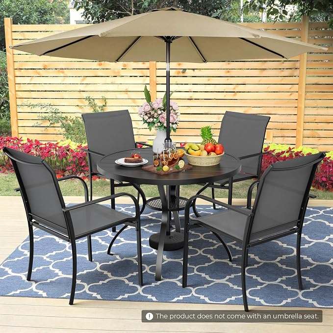Incbruce 6 PCS Patio Dining Set with Brown Umbrella, Outdoor Dining Set of 4 Textilene Chairs and 41" Round Table with Umbrella Hole for Backyard, Garden, and Poolside (Grey)