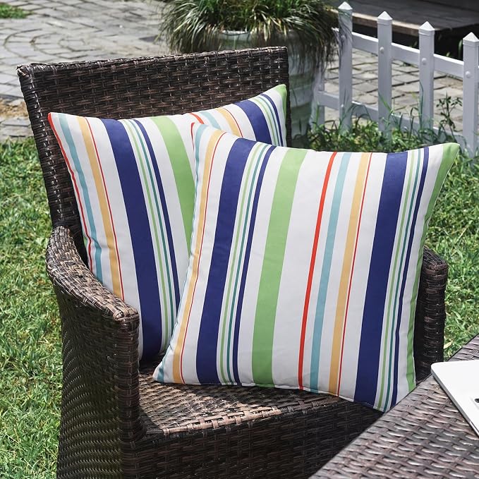 Adabana Patio Striped Outdoor Pillow Covers Waterproof Set of 2, 18"x18" | Colorful Decor, Green Outdoor Pillows for Patio Furniture Garden Porch