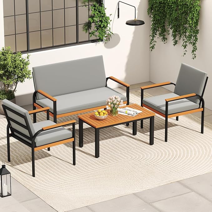 Tangkula 4 Pieces Patio Furniture Set, Outdoor Conversation Set with Acacia Wood Coffee Table, Cushioned Loveseat & 2 Single Armrest Chairs, for Porch, Garden, Backyard, Poolside
