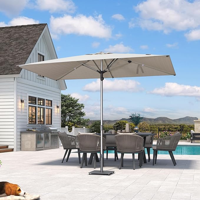 PURPLE LEAF 6 X 10 FT Semi-Auto Outdoor Patio Umbrella Market Table Sun Umbrellas with 6 Aluminum Sturdy Ribs for Backyard Deck Garden Pool (Silver Pole Beige Canopy)