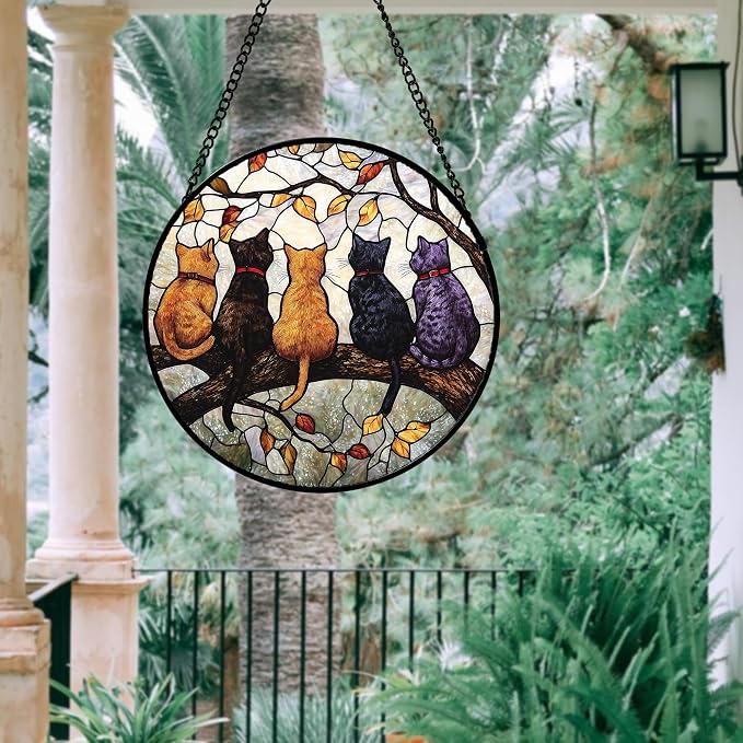 DASTOLL Stained Glass Window Hanging - 5 Cats on a Branch Suncatcher for Window Doors Home Decoration and Christmas, Mother's Day Father's Day Birthday Gifts for Women, Men, and Mom 11.8x11.8 in