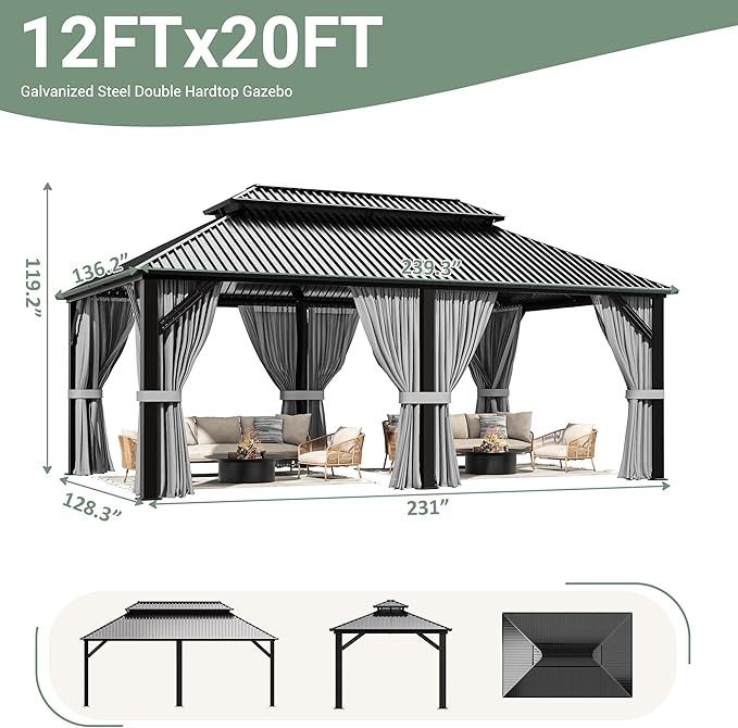 AirWire 12'x20' Outdoor Gazebo Hardtop Grill Gazebo Aluminum Galvanized Steel Double Roof Outdoor Pergola Include Curtain and Netting for Backyard, Patio, Lawn