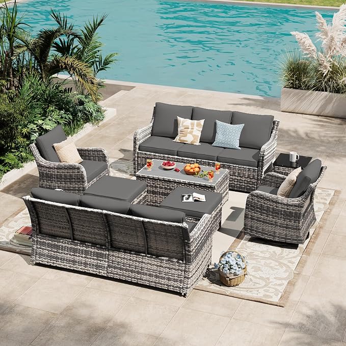 MEISSALIVVE Outdoor Patio Furniture Set with Swivel Chair, 8 Pieces Patio Conversation Set, Patio Sectional Furniture Set with 2 Three-seat Sofa, 2 Ottomans and Coffee Table (Grey)