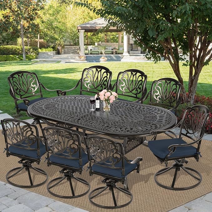 MEETWARM 9-Piece Patio Dining Set Outdoor Furniture with 8 Cushioned Swivel Rocker Chairs and Large Table, All-Weather Cast Aluminum Patio Conversation Set for Backyard, 2" Umbrella Hole, Navy Blue
