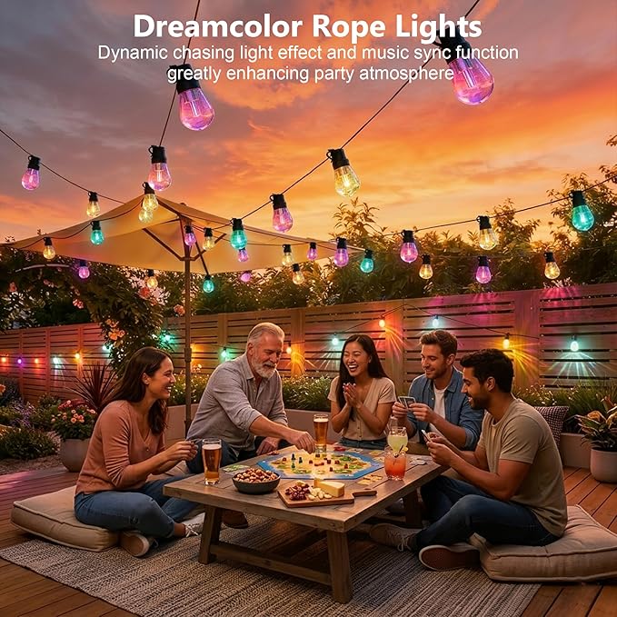 NUERPO Outdoor String Lights, 200FT RGB+IC Outside Light Dimmable Shatterproof LED Bulbs, IP67 Waterproof Chasing Effect Lighting DreamColor Patio Strip Lights for Backyard, Balcony, Outdoor Living