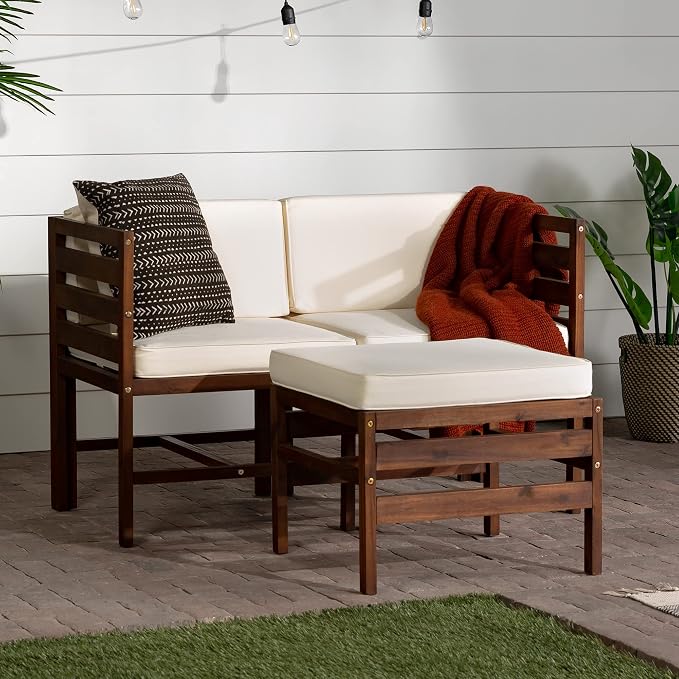 Walker Edison Ravello Contemporary 3 Piece Acacia Wood Outdoor Modular Chat Set with Cushions, Set of 3, Dark Brown