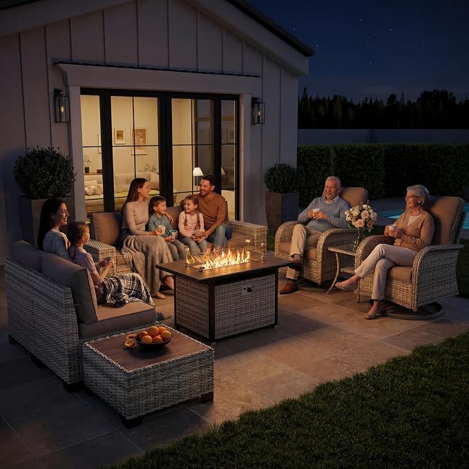 10-Piece Outdoor Patio Furniture Set with Swivel Rocking Chair, Outdoor Sectional Sofa with 55,000 BTU Fire Pit Table PE Wicker Rattan Patio Conversation Set with Coffee Table, Khaki