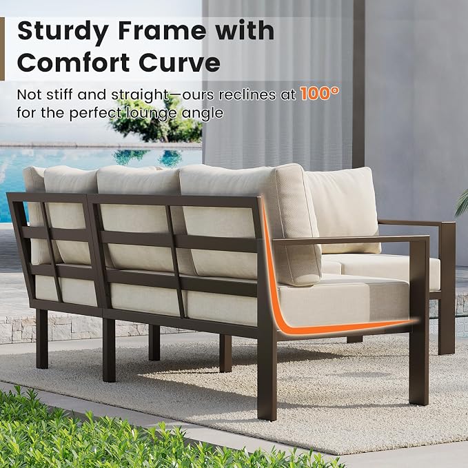 UDPATIO 6 Piece Patio Furniture Set, Metal Outdoor Sectional Sofa with 6" Thick Olefin Cushions, Wide Armrest & Coffee Table, L Shaped Outdoor Furniture for Garden, Backyard Beige