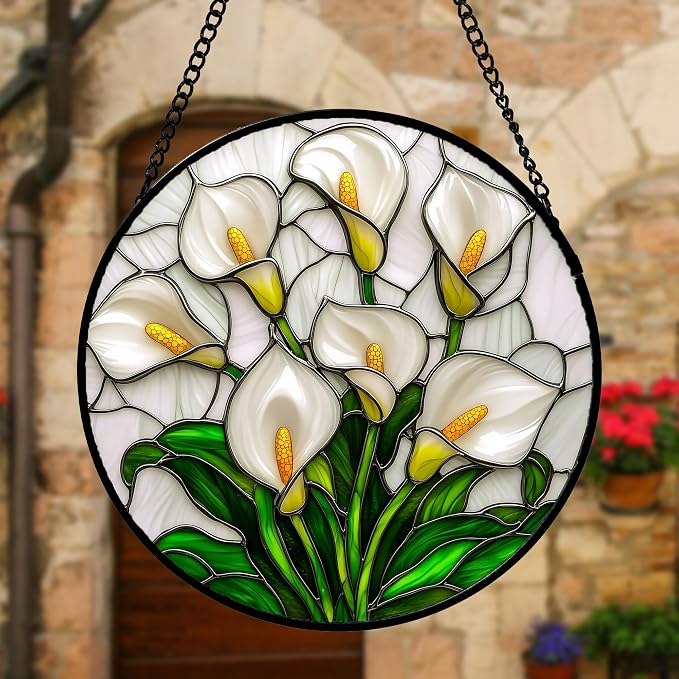 DASTOLL Stained Glass Window Hanging, White Calla Lily Suncatcher Diamond Glass Panel Hangings Flowers Sun Catchers Decor for Birthday for Women, Men, Wife, Aunt, and Mom 9.8 in