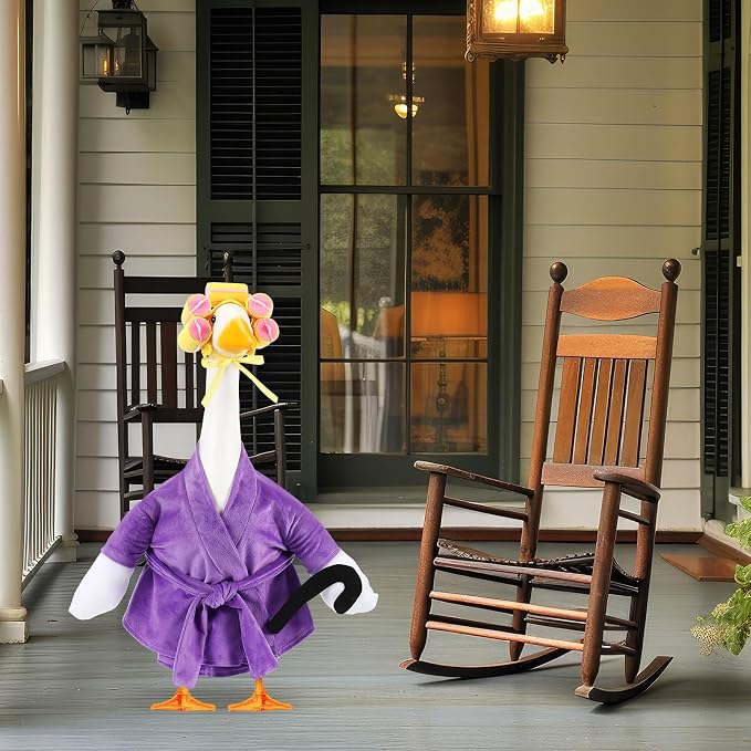 Shyyween Old Lady Porch Goose Outfits Purple Bathrobe Goose Clothes with Curlers Crutch, Cute Geese Costume for 23 Inch Cement Plastic Statue Lawn Yard Decor
