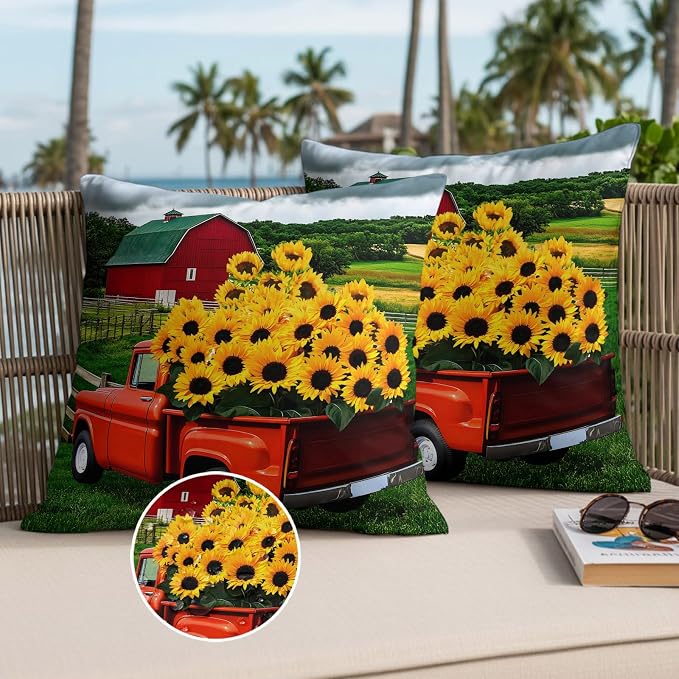 Waterproof Pillow Covers Set of 2 16x16 Inch Farmhouse Sunflower Outdoor Cushion Covers Farm Red Truck Decorative Pillow Cases for Patio, Sofa, Couch, Garden, Balcony