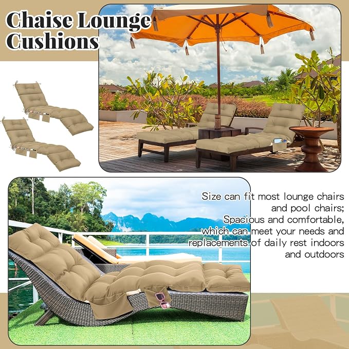 Kigley 2 Pcs Outdoor Chaise Lounge Cushions with 3 Side Pocket 74.5 x 22 x 4.7 Inch Patio Chaise Lounge Cushion, Water-Repellent and Fade-Resistant Tufted Summer Replacement(Brown)