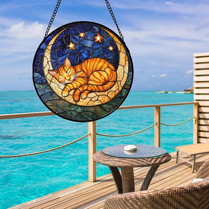 Stained Glass Window Hanging - Orange Moon Sleeping Cat Sun Catcher for Door Home Decor Blue Starry Sky Suncatcher Christmas Mother's Day Birthday Gifts for Women Men Mom Nana 15 in