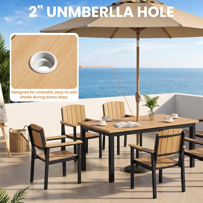 Outdoor Dining Sets Patio Table and Chairs Set 7-Piece, Aluminum Frame HDPS Faux Wood, All Weather Patio Dining Set with Umbrella Hole for Garden Backyard Poolside Nature Wood