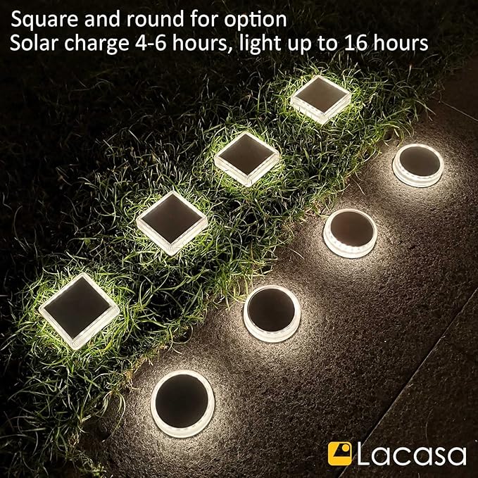 Lacasa Solar Deck Lights Outdoor Waterproof LED, Step Lights Solar Powered Driveway Dock Lights Marine, White 4000K, Dusk to Dawn, for Garden Steps Yard Patio Pathway, Square, 4 Pack