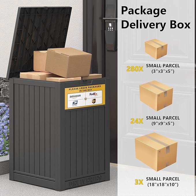 LHBGO Package Delivery Box for Outside with Sign, 48 Gallon Storage with Lockable Secure, Large Double Wall Resin Outdoor Package Delivery Waterproof