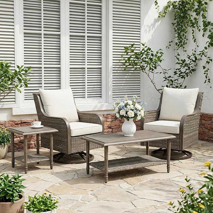 Swivel PE Wicker Chair, Outdoor Patio Chair with 360° Rotation & Water-Resistant Cushion for Porch, Deck, Balcony – All-Weather Handwoven Design (Beige, 4-PCS1)
