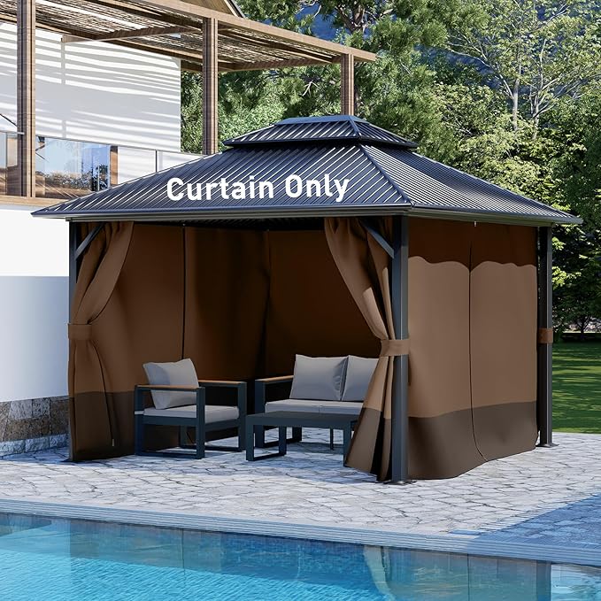 Aoodor 12x16 ft Outdoor Gazebo Curtains, 4 Panels Waterproof Privacy Sidewall Replacement with Zipper for Patio Pergola and Canopy, Brown and Coffee