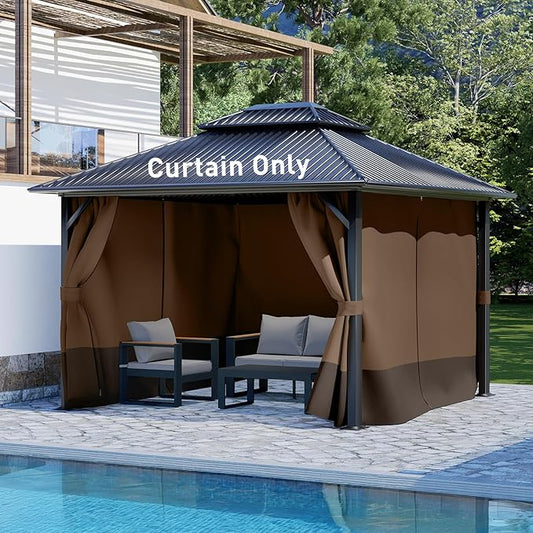 Aoodor 12x16 ft Outdoor Gazebo Curtains, 4 Panels Waterproof Privacy Sidewall Replacement with Zipper for Patio Pergola and Canopy, Brown and Coffee