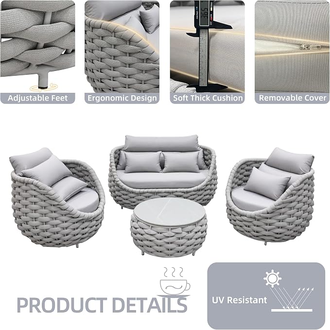 TWT Outdoor Patio Furniture Set-5 Pieces Aluminum Sectional Sofa, Metal Patio Conversation Set with Loveseat & Armchair, Textile Rope and Coffee Table, Light Grey