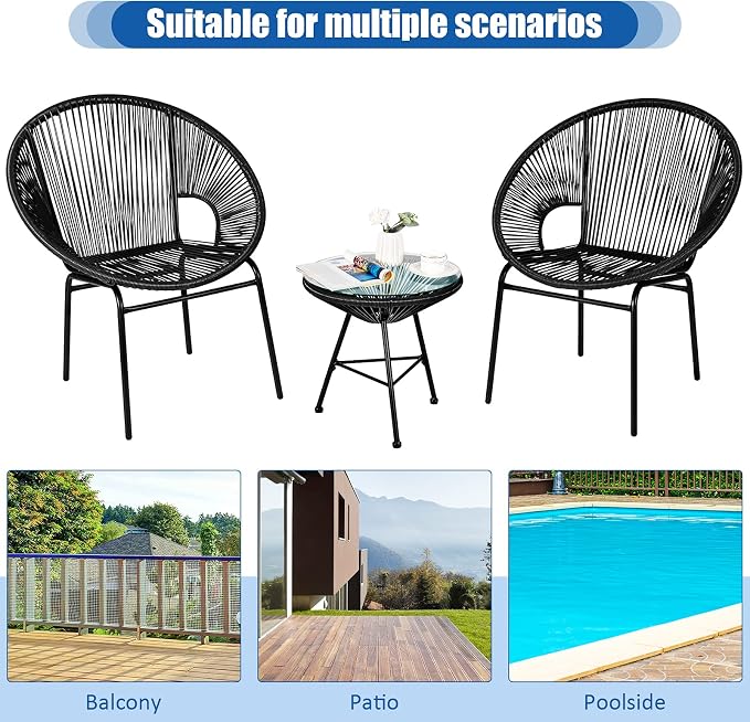 COSTWAY 3-Piece Outdoor Acapulco Chair Set, Wicker Conversation Bistro Sets with Plastic Rope, Glass Top Table, Patio Rattan Furniture Set for Garden, Balcony, Lawn, Backyard, Apartment, Black