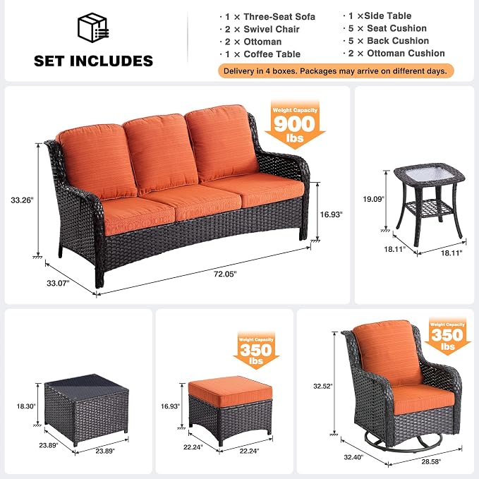 ovios 7 Pieces Patio Furniture Set with Swivel Rocking Chairs, Outdoor Wicker Sofa Couch Glass Coffee Table, All Weather High Back Modern Conversation Set, Brown Rattan, Orange Red