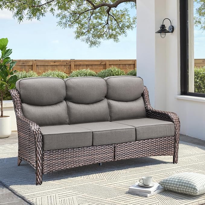 Luxury Outdoor Patio Furniture Set-Wicker High Backrest 3-Seat Patio Sofa with Comfy 6" Cushion, Rattan Couch with Deep Seat All-Weather Patio Conversation Set for Deck Backyard Garden(Brown/Grey)
