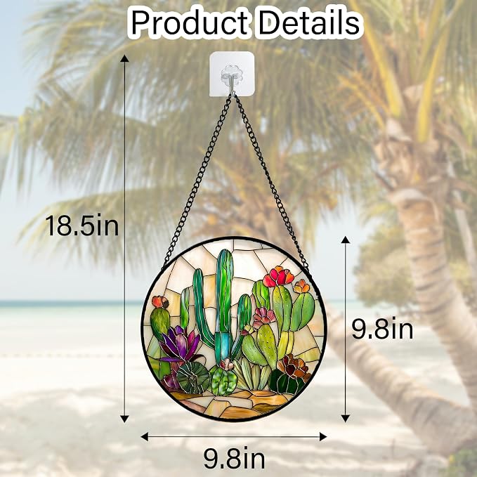 DASTOLL Stained Glass Window Hanging, White Green Cactus Suncatcher Diamond Glass Panel Hangings Sun Catchers Decor for Birthday for Women, Men, Wife, Aunt, and Mom 9.8 in