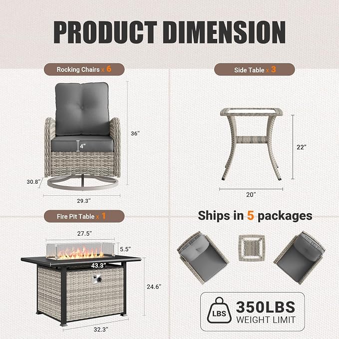 10Pcs Patio Rocking Swivel Chair with 55,000 BTU Fire Pit Table Outdoor Wicker Rattan Bistro Set with Tempered Glass Side Table, Outdoor Patio Furniture Set for Garden and Balcony, Grey