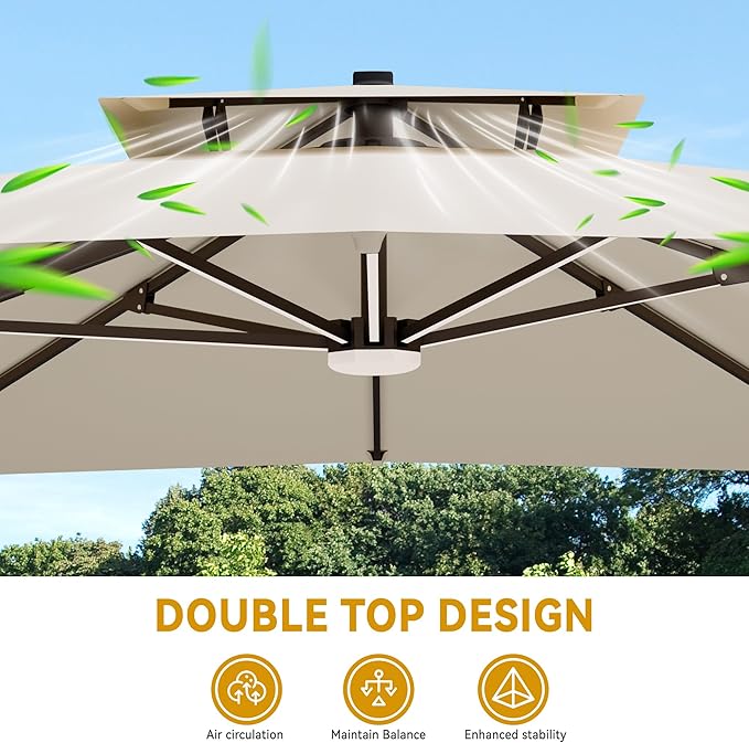 10x13 FT Cantilever Patio Umbrella with Base and Led Lights Double Top Outdoor Rectangular Large Heavy Duty Aluminum Offset Umbrellas with 7 Level Tilt 360-degree Rotation for Pool Garden Deck, Beige