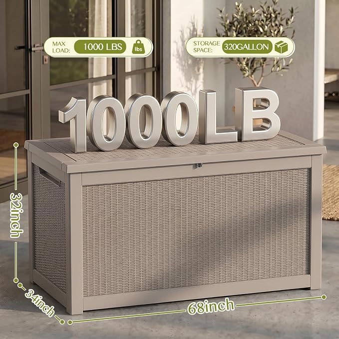 Waterproof Outdoor Storage Box Outside Deck Box Lockable Resin Bench UV Resistant Furniture Cushion Pool Tool Float Bin Patio Garden Porch (Grey, 320 Gallon)