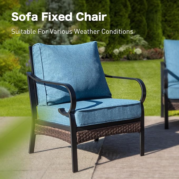 SUNSHINE VALLEY 4 Piece Metal Outdoor Patio Furniture Sets with Firepit Table, Patio Conversation Sets 1 3-Seater Sofa, 2 Rocking Sofa with 5.75" Thick Cushion Backyard Furniture for Deck, Denim Blue