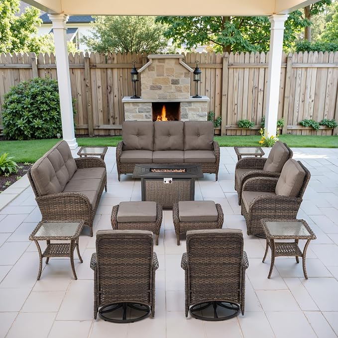Belord Grand 13 Pieces Outdoor Patio Furniture Set with 4 Swivel Glider Chairs and 50000 BTU Propane Fire Pit Table, Patio Conversation Set with Sofa and Wicker Side Table for Big Garden Backyard