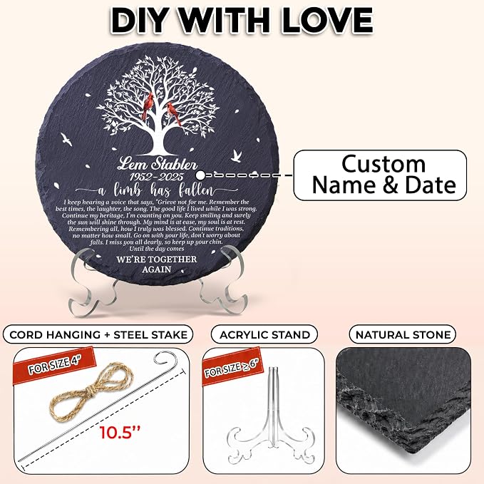 Personalized Memorial Garden Stone with Acrylic Stand, Weatherproof Grave Markers for Cemetery, Bereavement Gift for Loss of Loved One Outside, Grief Heaven Condolence Tree of Life Plaque