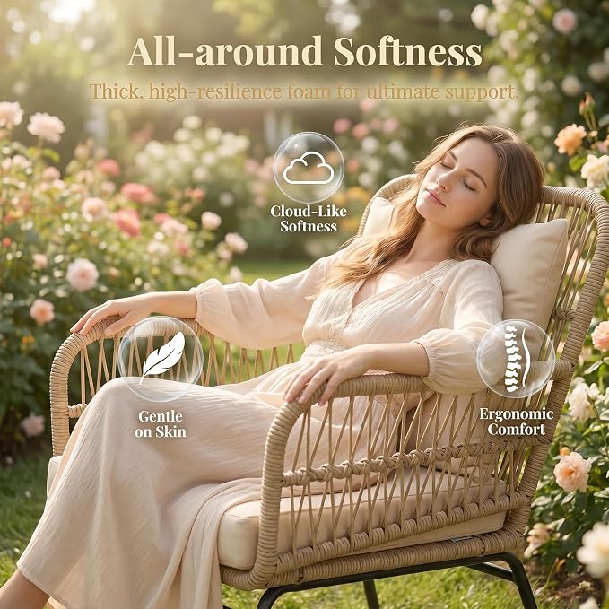 BULEXYARD 3 Pcs Boho Outdoor Patio Furniture Sets with Side Coffee Table, Natural Color Wicker Conversation Chair Sets with Cozy Beige Cushion for Backyard Porch Balcony Deck