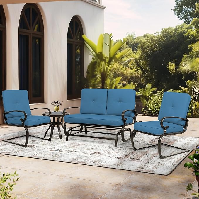Incbruce Patio Conversation Sets - Outdoor Metal Furniture Set (Peacock Blue, Wrought Iron, 4Pcs Including Glider, Bistro Table, 2 Spring Lounge Chairs)
