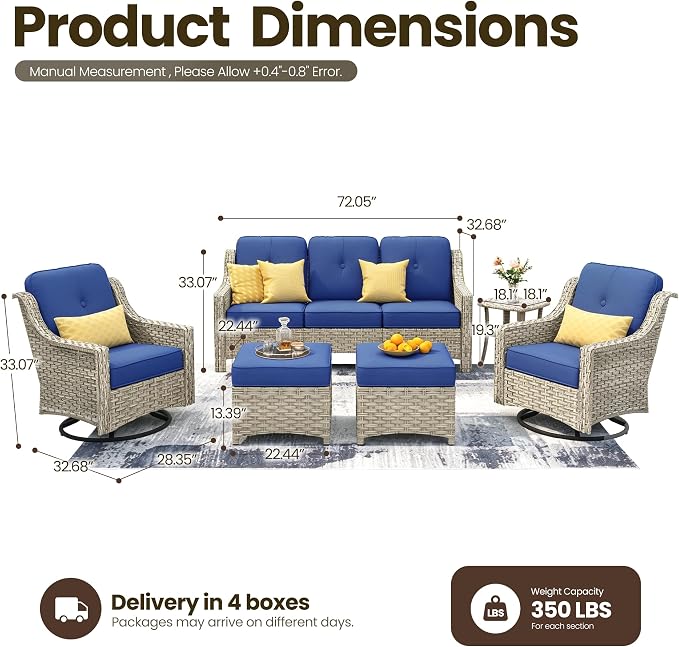 6 Piece Patio Furniture Set with Swivel Rocker Chairs, Outdoor Wicker High Back Sofa Glider Chair Ottoman with Cushion, All Weather Conversation Sets for Backyard Poolside Deck, Navy Blue