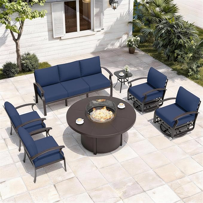 ALAULM Aluminum Patio Furniture Set with Coffee Table Rectangular, 5-seat Outdoor Sectional Furniture w/2 Swivel Chairs, Patio Conversation Set for Porch, Backyard, Poolside-Grey