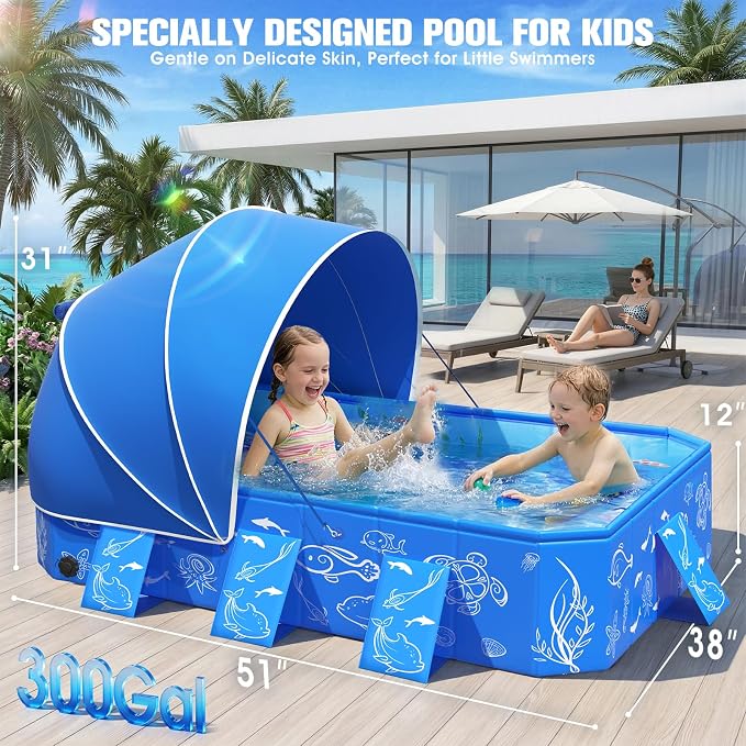 FizZeal Kiddie Pool with Canopy,Baby Swimming Pool for Toddler,Non-Inflatable Portable Pool for Kid,Foldable Toddler Pool with Shade,Kids Pool for Backyard.Outdoor Pop Up Kiddie Beach Pool 51"x38"x31'