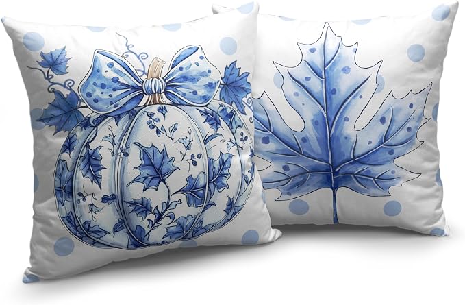 Fall Pillow Covers Blue and White Porcelain Maple Leaf Pumpkin Throw Pillow Covers 22x22 Set of 2 Autumn Blue Polka Dot Pillowcase Thanksgiving Cushion Case for Couch Sofa