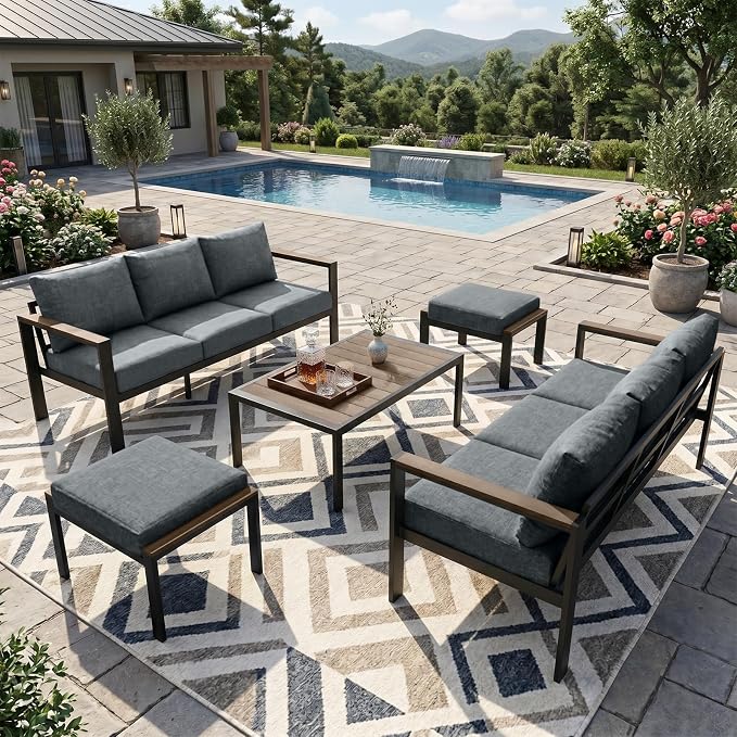 Outdoor Patio Furniture Set 5 Pieces Luxury Aluminum Patio Conversation Set with Coffee Table 8 Seats, Thick Cushions, Large Sectional Sofa for Porch, Balcony, Deck, Yard, Gray
