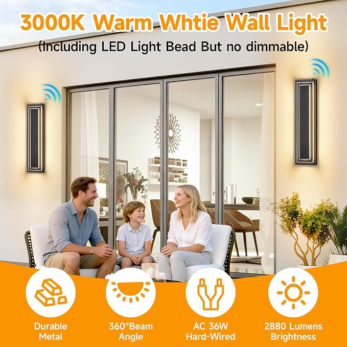 23.6 in Dusk to Dawn Exterior Lighting Fixtures,Outdoor Wall Lights | 2-Tier Black Modern LED Exterior Wall Sconce For Garage, Outdoor Porch Lights Wall Mount,Waterproof ,3000K,36W, 2 Packs
