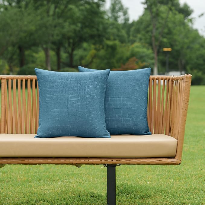 NiNi ALL Waterproof Outdoor Pillow Covers 18x18 Set of 2 Patio Dark Blue | Faux Linen Textured Decorative Solid Throw Pillow Covers Farmhouse for Garden Furniture Tent Balcony Couch Sofa Cushion