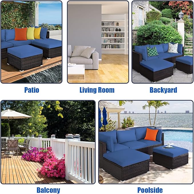 DORTALA 5 Pieces Patio Rattan Furniture Sets, Sectional Sofa Conversation Set w/Steel Frame & Sponge Cushions, Modern Wicker Combination Sofa Set w/Ottoman & Table for Garden Lawn Balcony, Navy