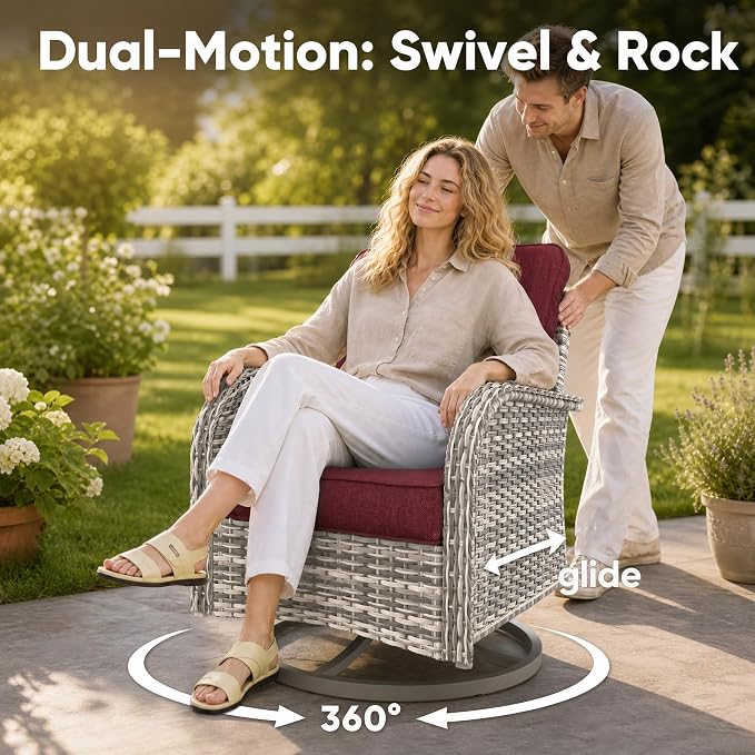 9-Piece Small Patio Furniture Set, Outdoor Swivel Rocking Chairs Set with 55,000 BTU Fire Pit Table Wicker Chairs and Ottomans, Patio Bistro Set for Balcony, Deck, Porch, Red
