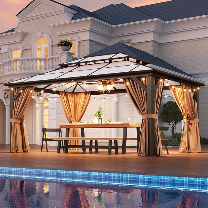 Aoxun 12'x14' Hardtop Gazebo, Outdoor Metal Gazebo with Double Polycarbonate Roof Canopy, Permanent Pavilion with Netting and Curtains for Lawn, Garden, Patio