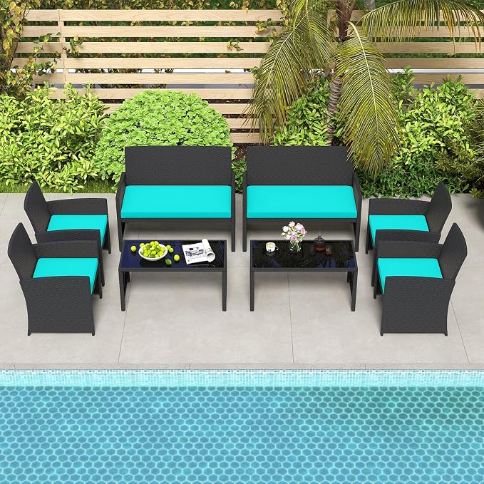 HAPPYGRILL 4 Piece Rattan Wicker Patio Conversation Set, Outdoor Furniture with Chair Loveseat Table & Cushion, for Backyard Porch Balcony (2, Black & Turquoise)