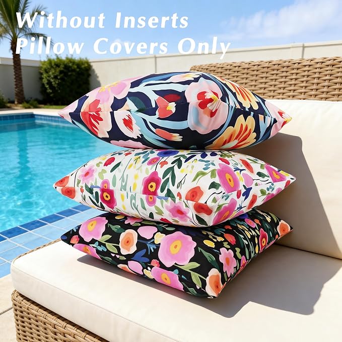 Outdoor Pillows Covers 18X18 Inch Pack of 2, Spring Floral Waterproof Throw Pillow Covers, Black Printed Flower Decorative Square Pillowcases for Summer Patio Furniture Garden Balcony Porch